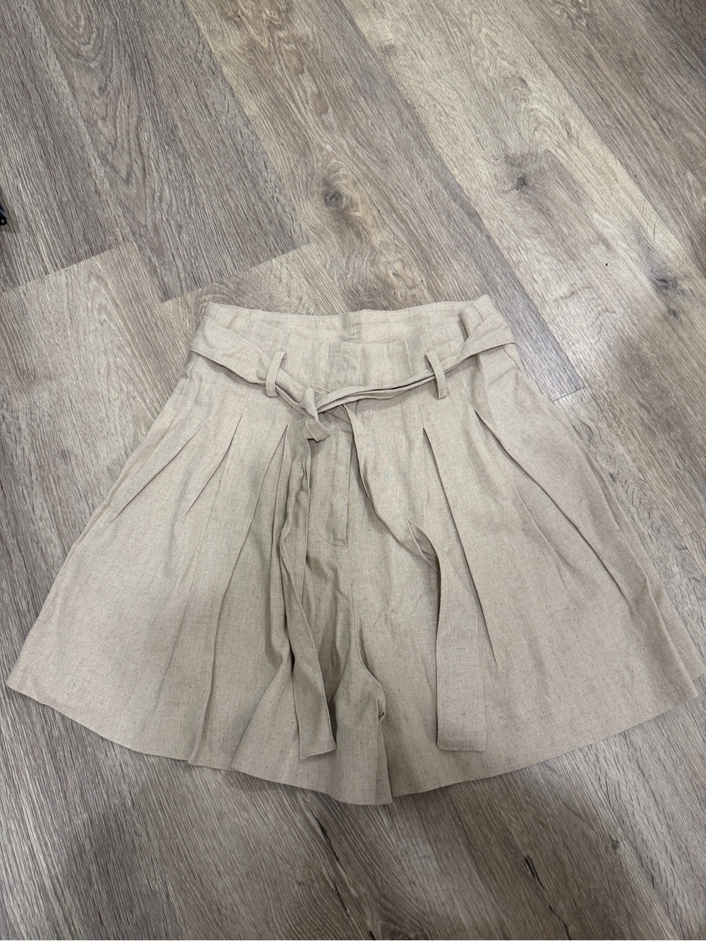 Zara Pleated High-Waist Shorts with Self-Tie Belt in Beige